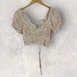 Nordstrom Urban Romantics Puff Sleeve Lace Back Crop Top Ruffle Animal Print NEW
